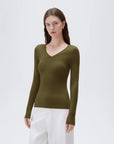 SUUKSESS Cloud Cashmere Women V Neck Fitted Long Sleeve Shirt Basic Soft Knit Tops-SUUKSESS-SUUKSESS
