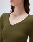 SUUKSESS Cloud Cashmere Women V Neck Fitted Long Sleeve Shirt Basic Soft Knit Tops-SUUKSESS-SUUKSESS