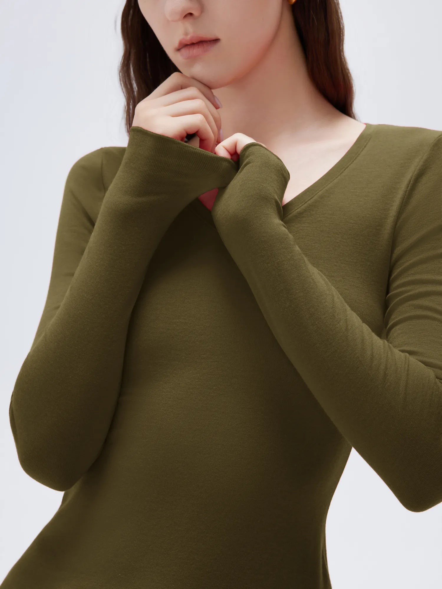 SUUKSESS Cloud Cashmere Women V Neck Fitted Long Sleeve Shirt Basic Soft Knit Tops-SUUKSESS-SUUKSESS