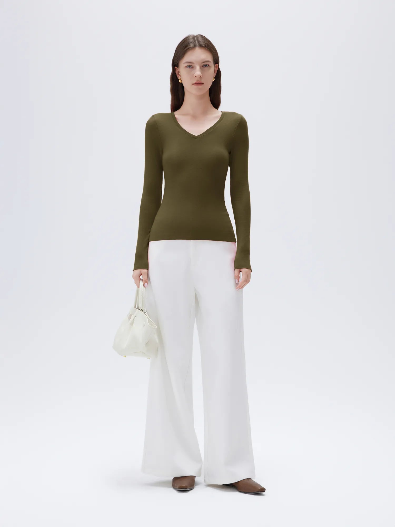 SUUKSESS Cloud Cashmere Women V Neck Fitted Long Sleeve Shirt Basic Soft Knit Tops-SUUKSESS-SUUKSESS