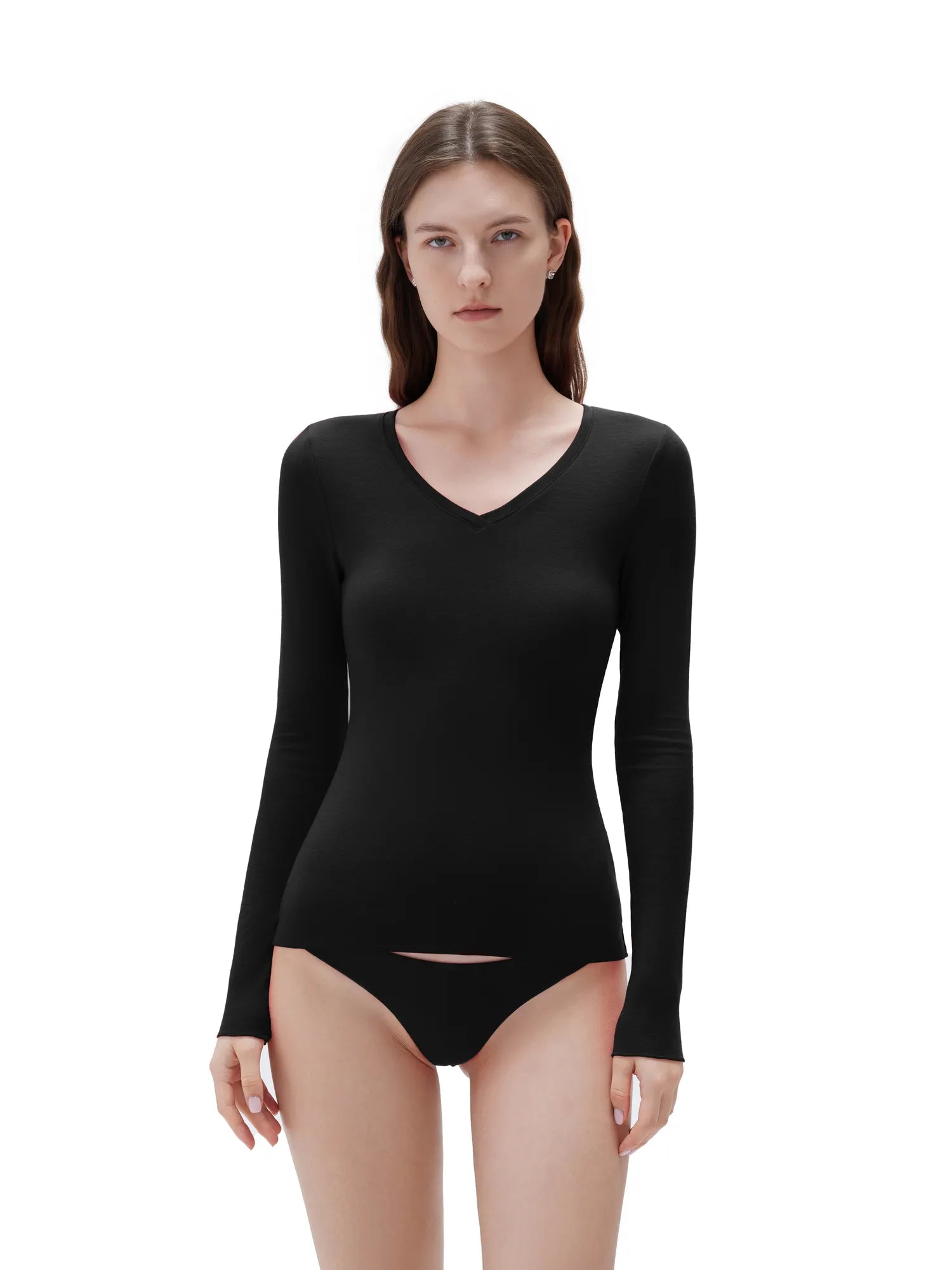 SUUKSESS Cloud Cashmere Women V Neck Fitted Long Sleeve Shirt Basic Soft Knit Tops-SUUKSESS-Black-XS-SUUKSESS