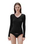 SUUKSESS Cloud Cashmere Women V Neck Fitted Long Sleeve Shirt Basic Soft Knit Tops-SUUKSESS-Black-XS-SUUKSESS
