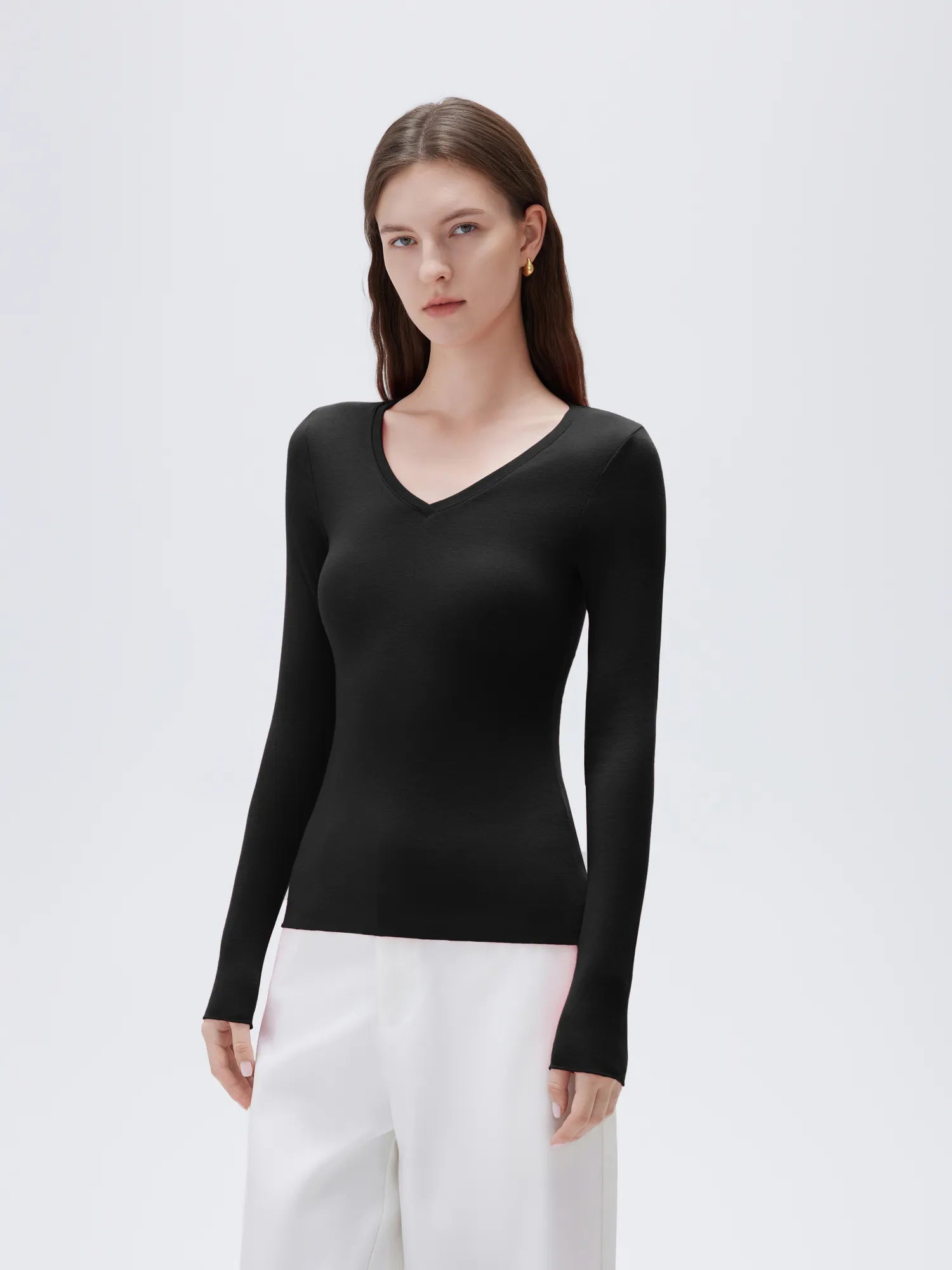 SUUKSESS Cloud Cashmere Women V Neck Fitted Long Sleeve Shirt Basic Soft Knit Tops-SUUKSESS-SUUKSESS
