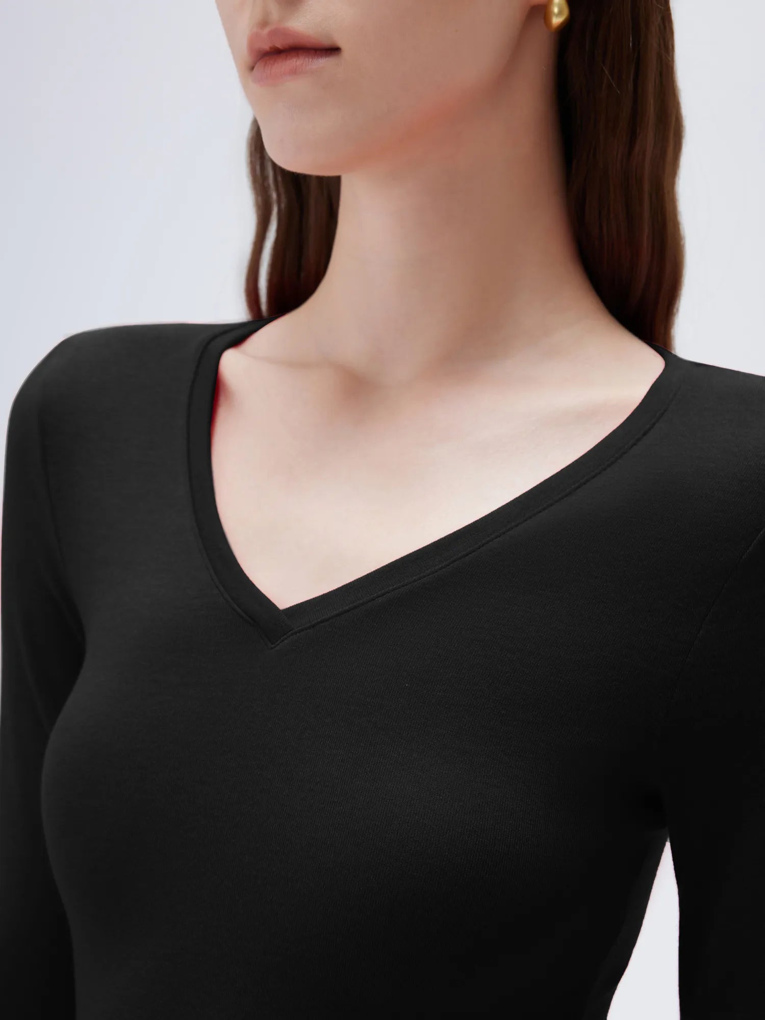SUUKSESS Cloud Cashmere Women V Neck Fitted Long Sleeve Shirt Basic Soft Knit Tops-SUUKSESS-SUUKSESS
