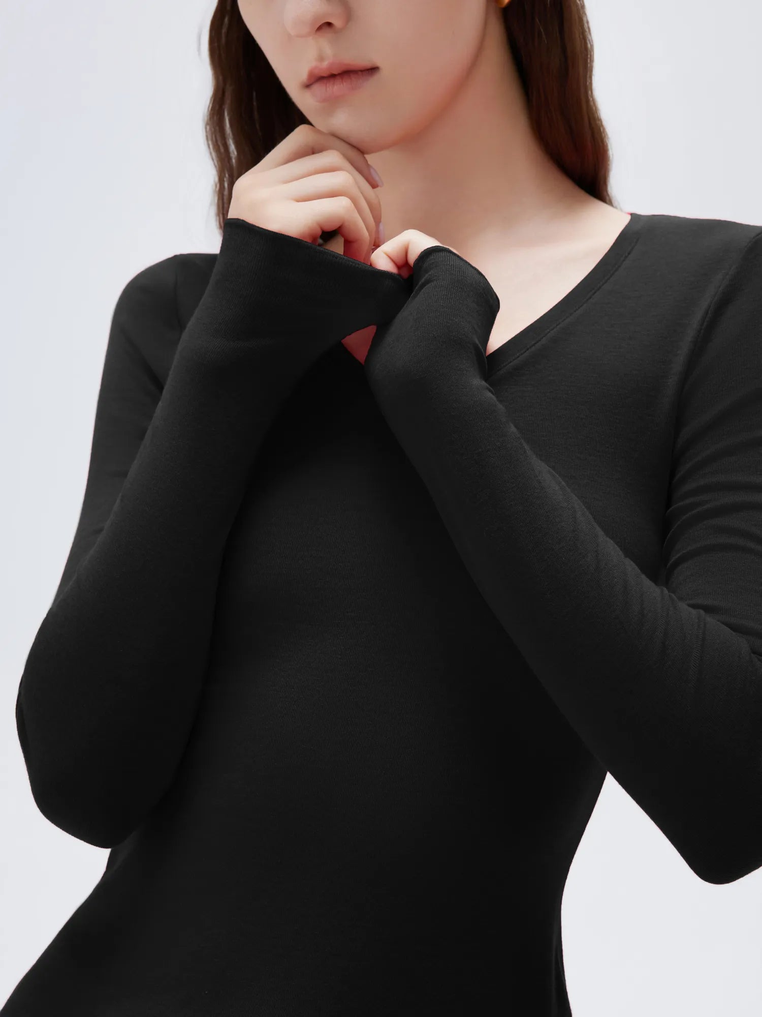 SUUKSESS Cloud Cashmere Women V Neck Fitted Long Sleeve Shirt Basic Soft Knit Tops-SUUKSESS-SUUKSESS
