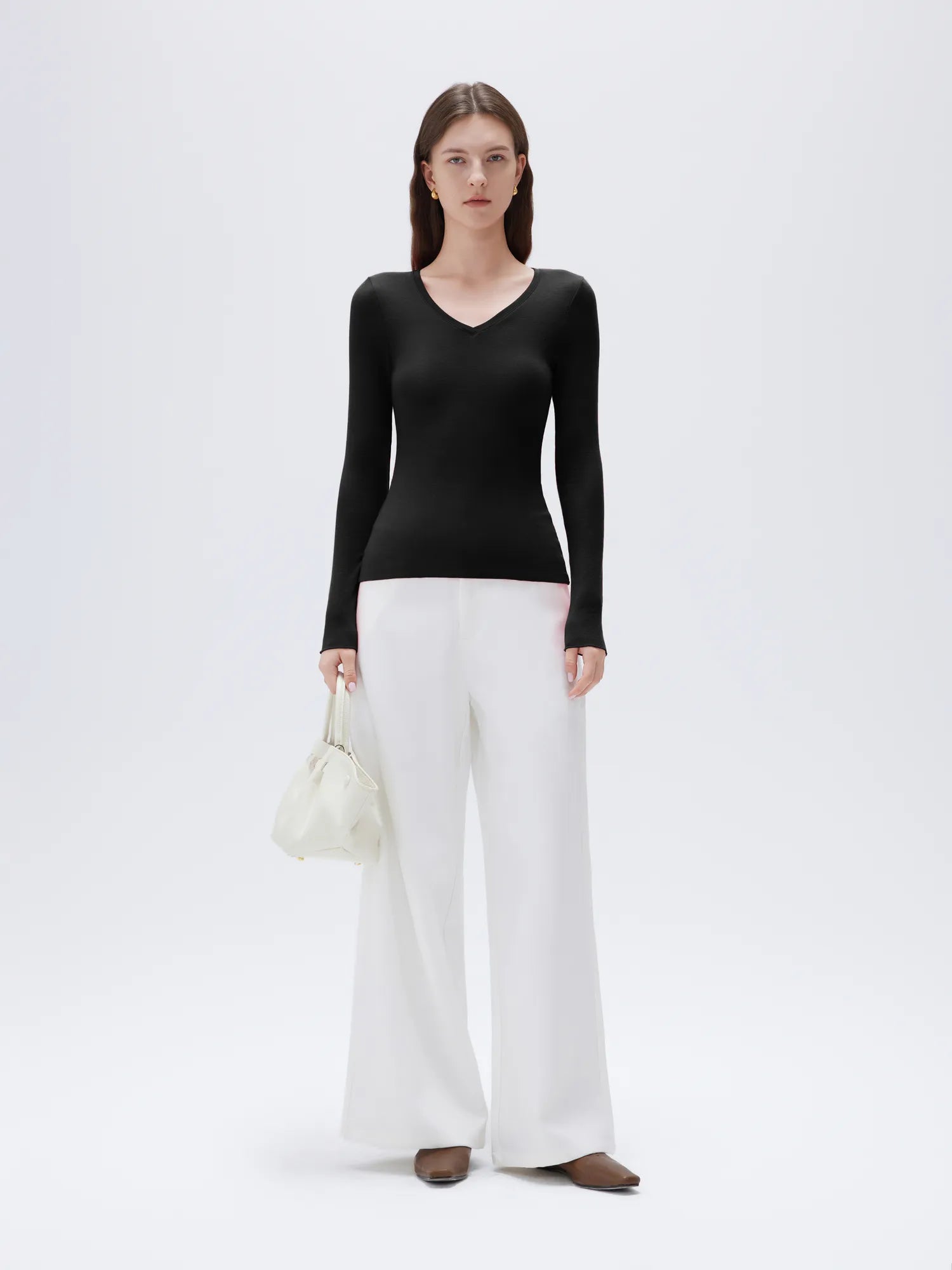 SUUKSESS Cloud Cashmere Women V Neck Fitted Long Sleeve Shirt Basic Soft Knit Tops-SUUKSESS-SUUKSESS