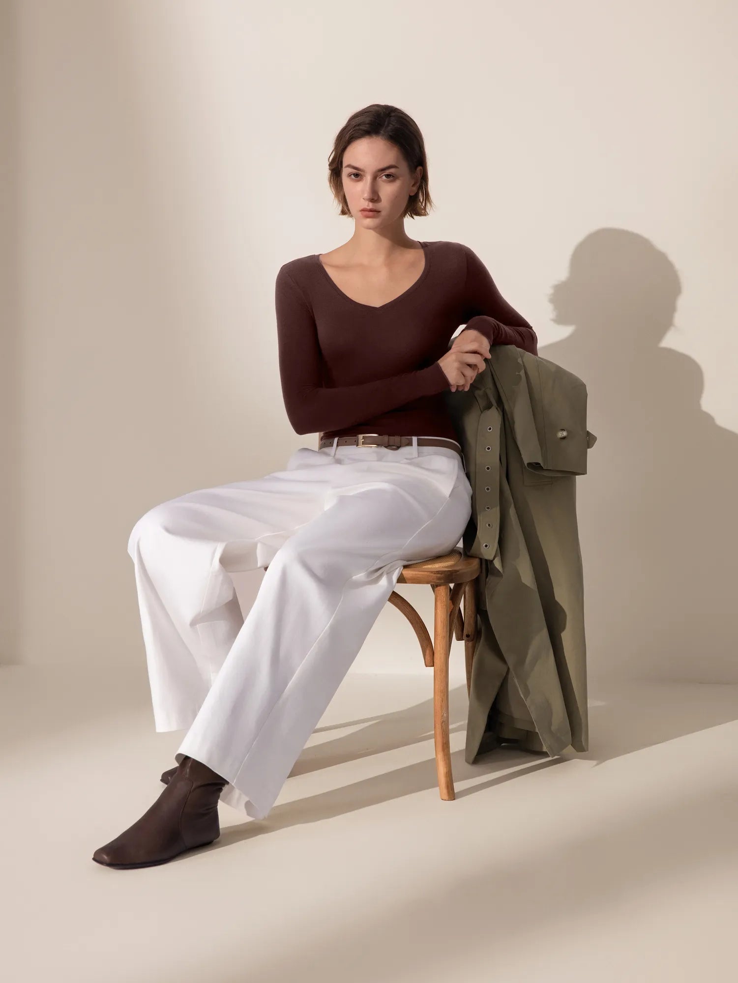 SUUKSESS Cloud Cashmere Women V Neck Fitted Long Sleeve Shirt Basic Soft Knit Tops-SUUKSESS-SUUKSESS