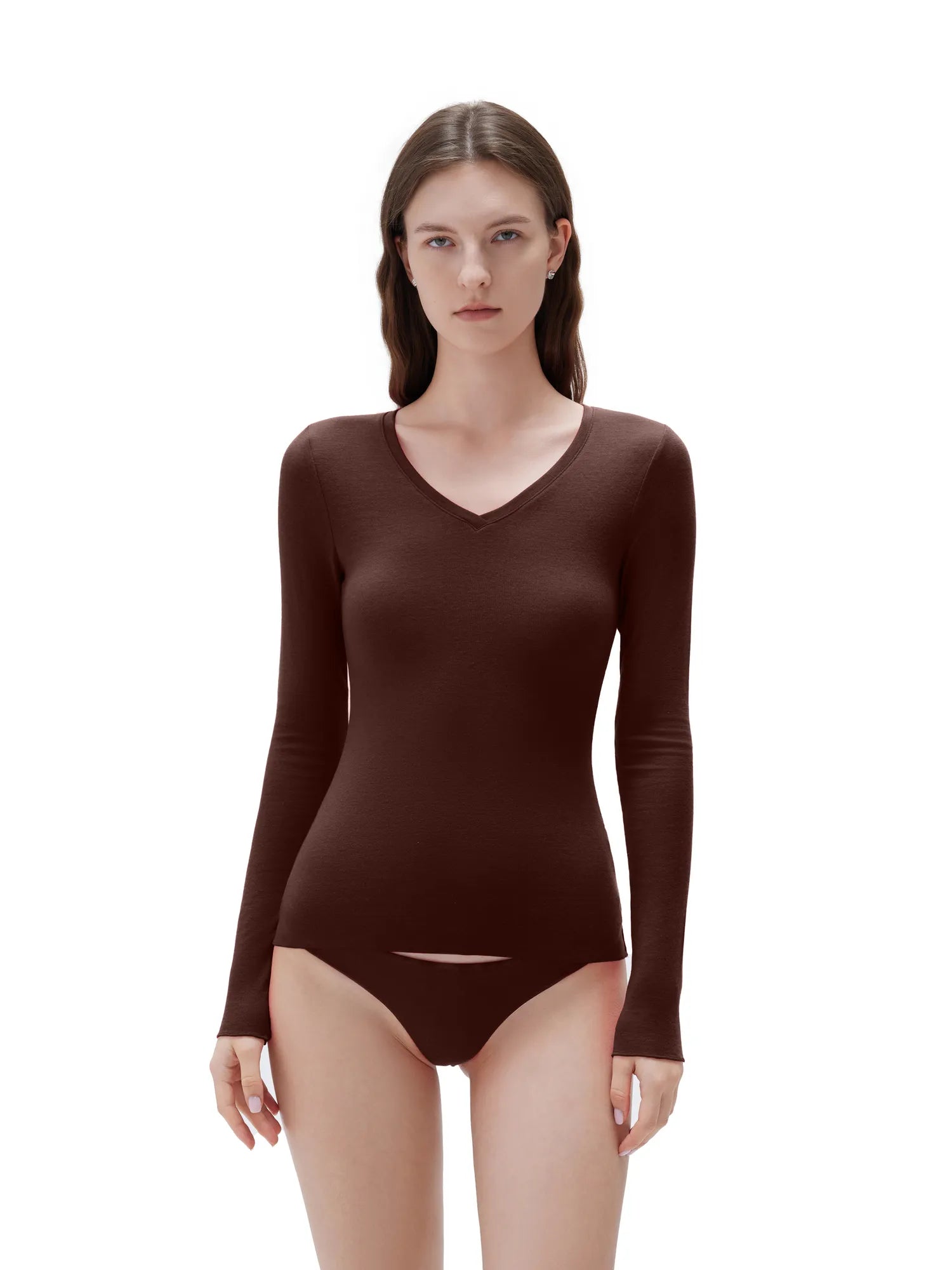 SUUKSESS Cloud Cashmere Women V Neck Fitted Long Sleeve Shirt Basic Soft Knit Tops-SUUKSESS-Brown-XS-SUUKSESS
