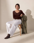 SUUKSESS Cloud Cashmere Women V Neck Fitted Long Sleeve Shirt Basic Soft Knit Tops-SUUKSESS-SUUKSESS
