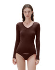 SUUKSESS Cloud Cashmere Women V Neck Fitted Long Sleeve Shirt Basic Soft Knit Tops-SUUKSESS-Brown-XS-SUUKSESS