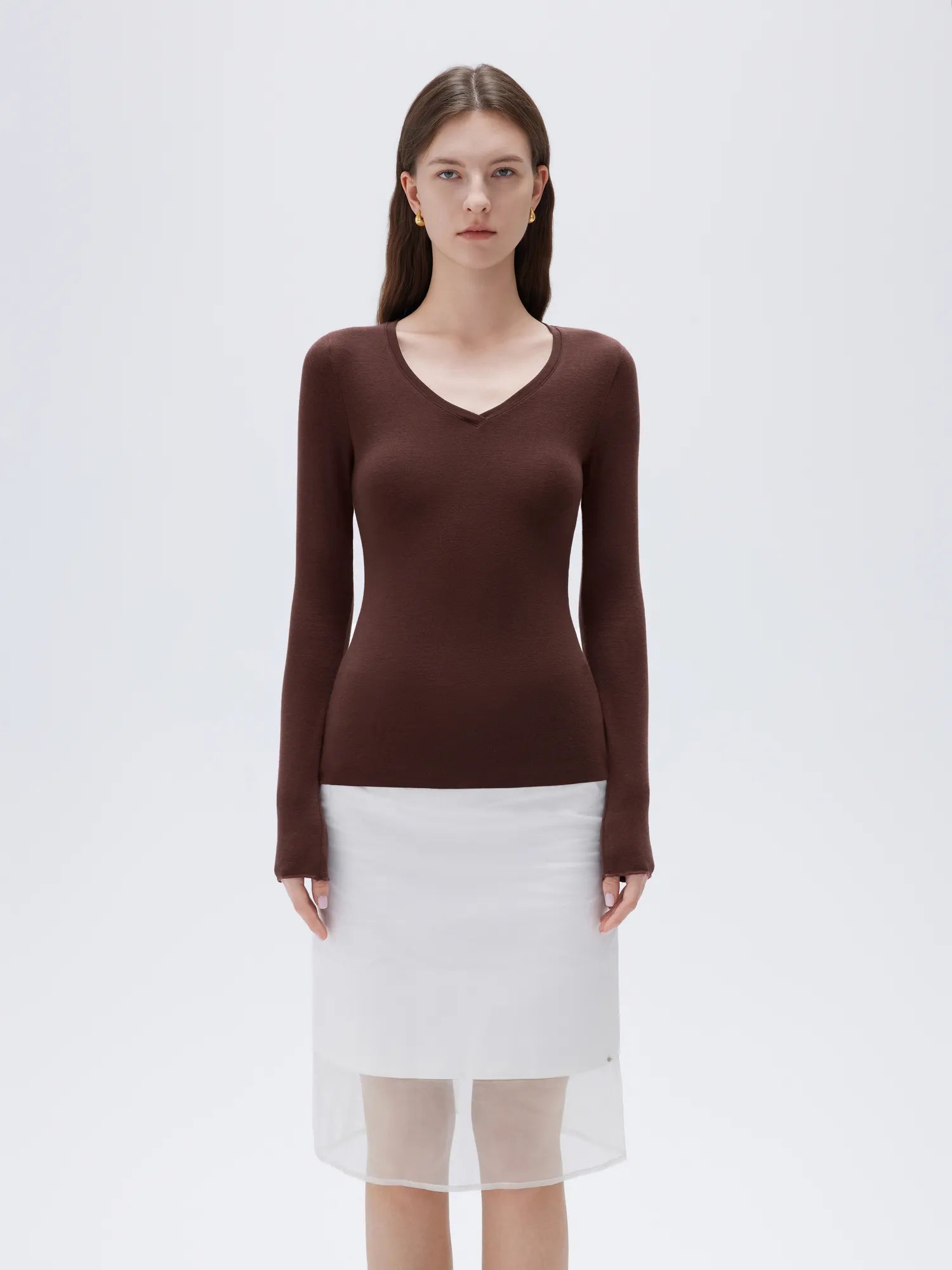 SUUKSESS Cloud Cashmere Women V Neck Fitted Long Sleeve Shirt Basic Soft Knit Tops-SUUKSESS-SUUKSESS