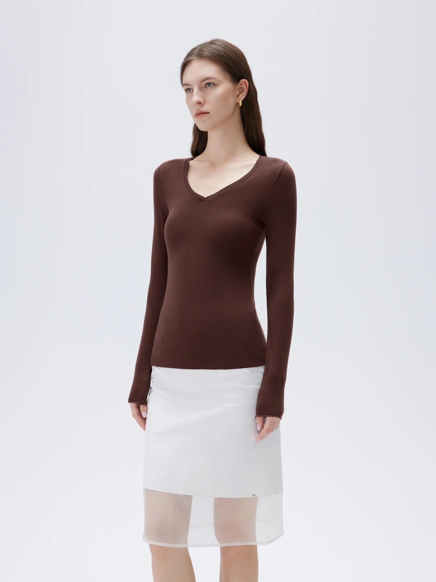 SUUKSESS Cloud Cashmere Women V Neck Fitted Long Sleeve Shirt Basic Soft Knit Tops-SUUKSESS-SUUKSESS