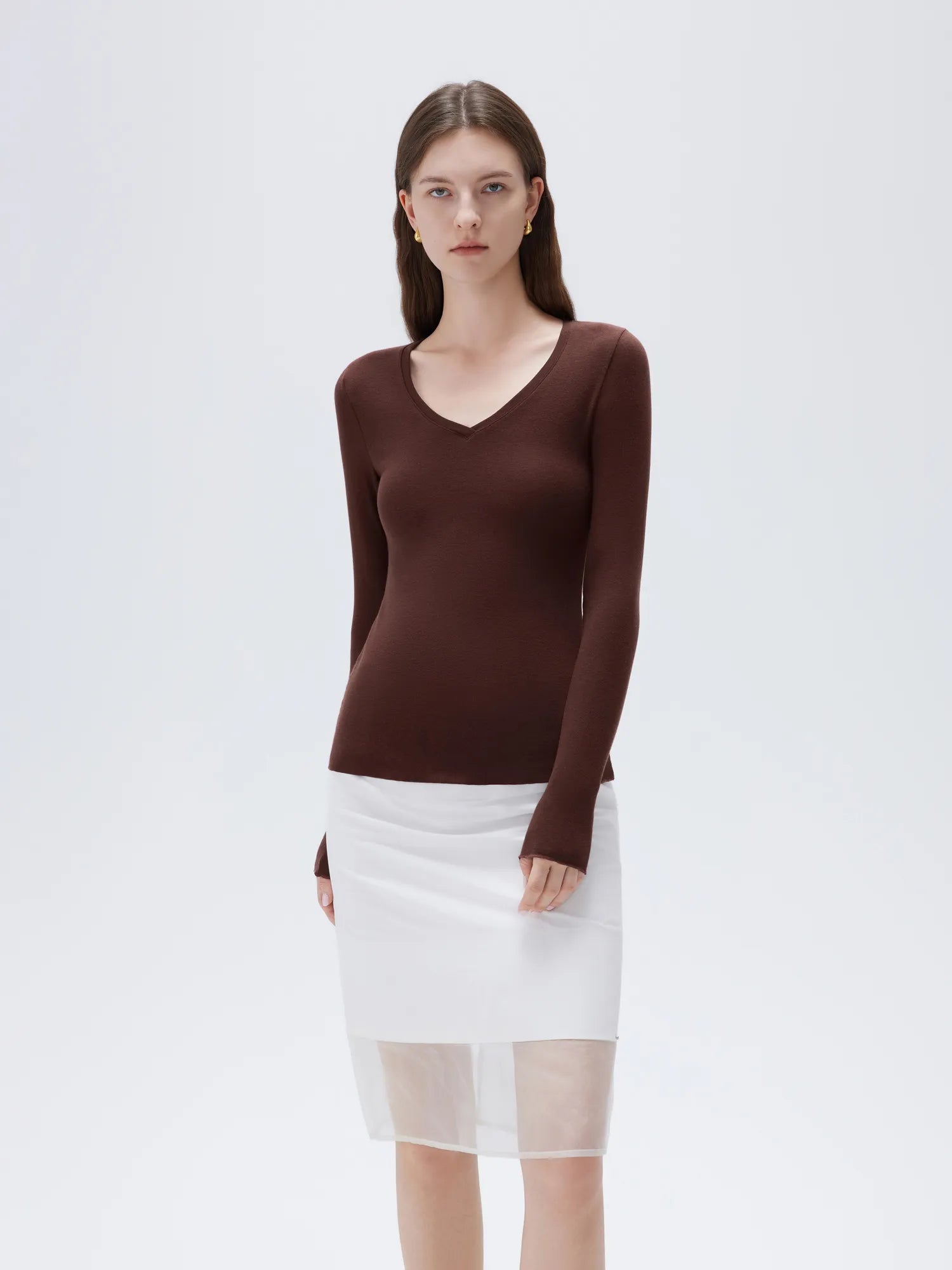 SUUKSESS Cloud Cashmere Women V Neck Fitted Long Sleeve Shirt Basic Soft Knit Tops-SUUKSESS-SUUKSESS