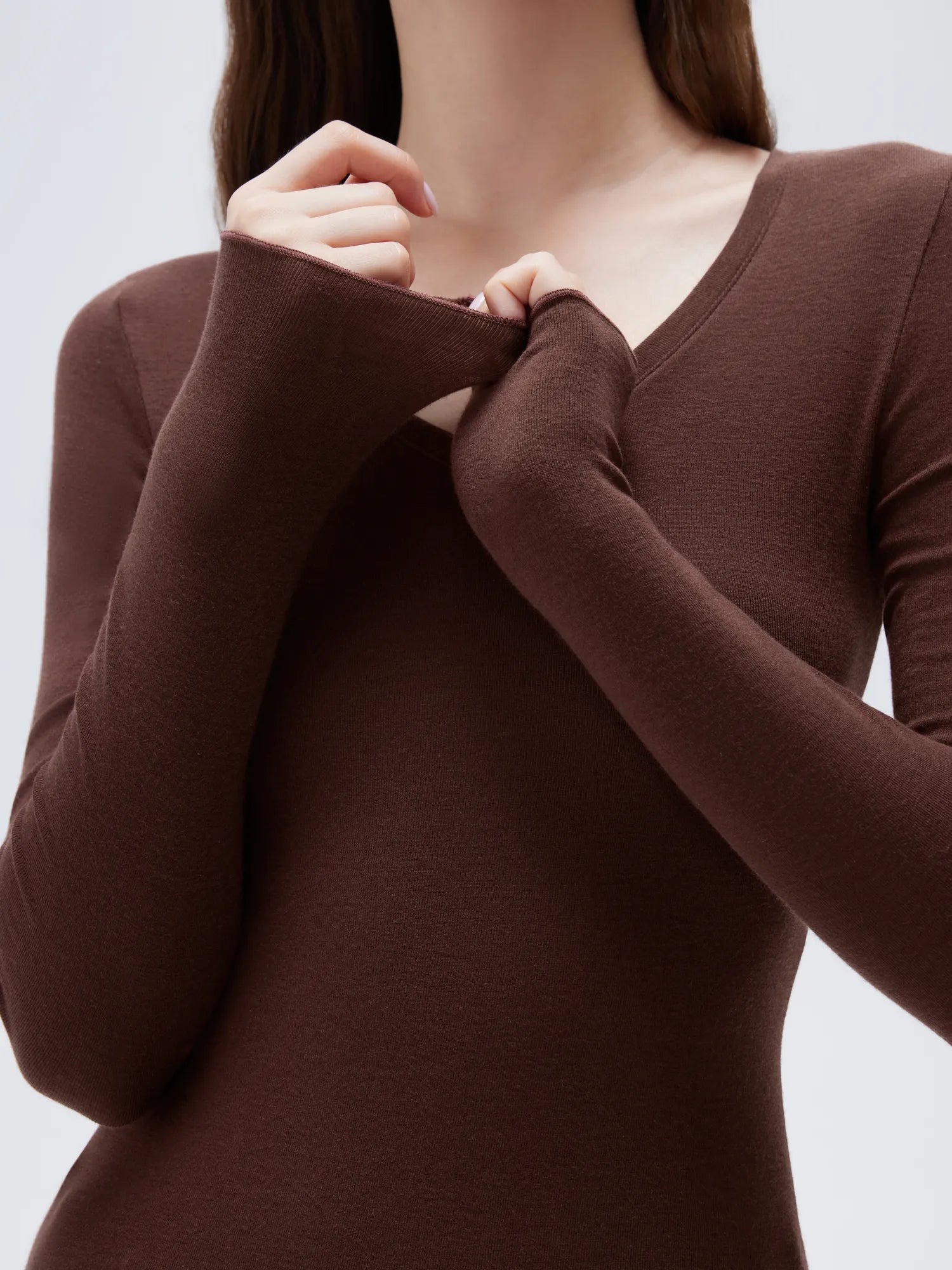 SUUKSESS Cloud Cashmere Women V Neck Fitted Long Sleeve Shirt Basic Soft Knit Tops-SUUKSESS-SUUKSESS