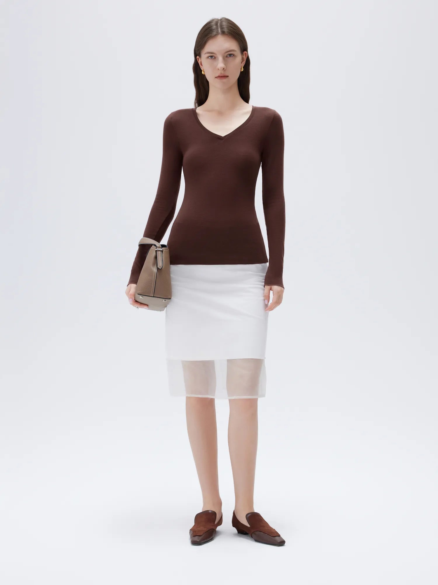 SUUKSESS Cloud Cashmere Women V Neck Fitted Long Sleeve Shirt Basic Soft Knit Tops-SUUKSESS-SUUKSESS