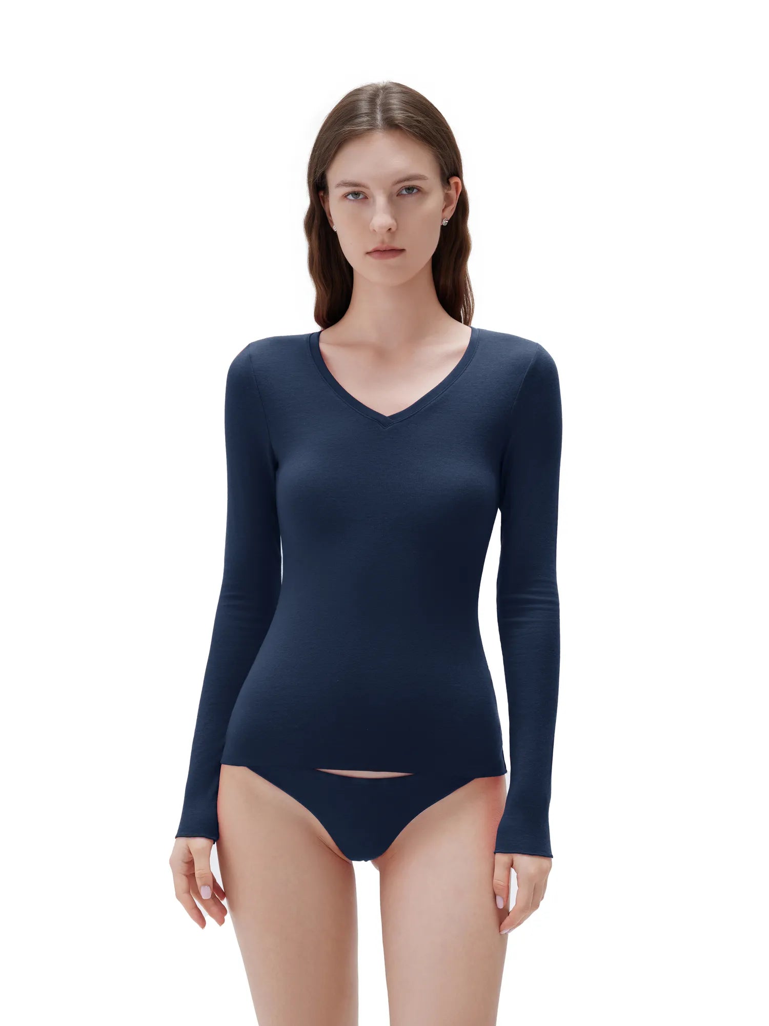 SUUKSESS Cloud Cashmere Women V Neck Fitted Long Sleeve Shirt Basic Soft Knit Tops-SUUKSESS-Navy-XS-SUUKSESS