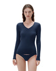 SUUKSESS Cloud Cashmere Women V Neck Fitted Long Sleeve Shirt Basic Soft Knit Tops-SUUKSESS-Navy-XS-SUUKSESS
