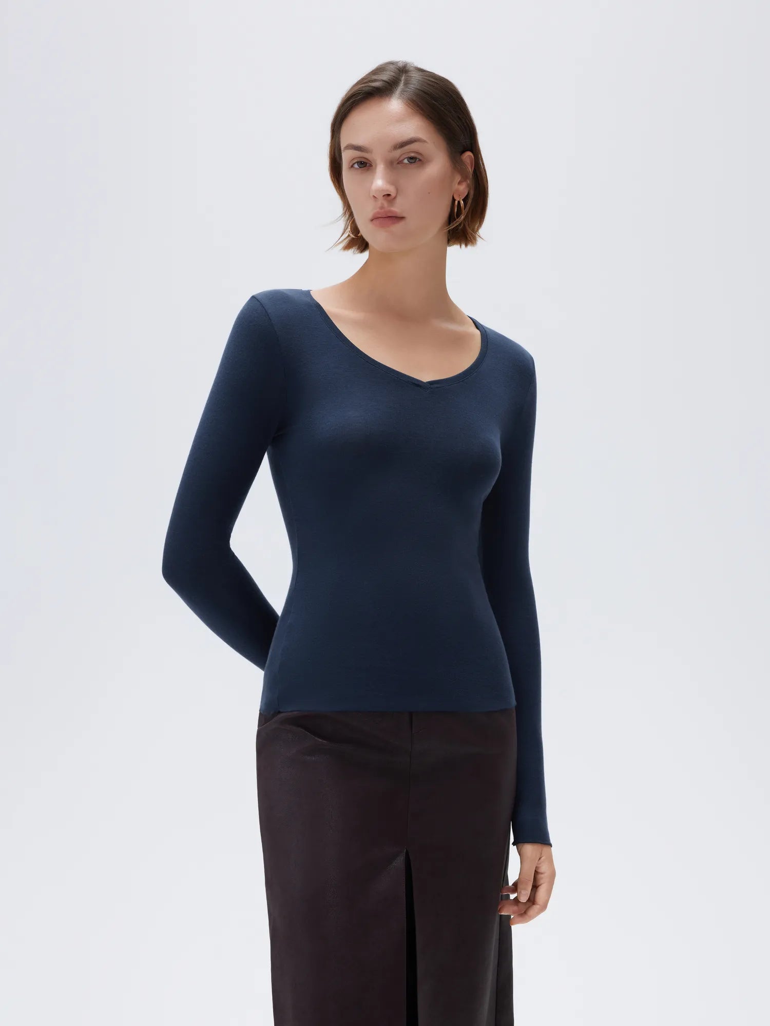 SUUKSESS Cloud Cashmere Women V Neck Fitted Long Sleeve Shirt Basic Soft Knit Tops-SUUKSESS-SUUKSESS