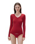 SUUKSESS Cloud Cashmere Women V Neck Fitted Long Sleeve Shirt Basic Soft Knit Tops-SUUKSESS-Red-XS-SUUKSESS