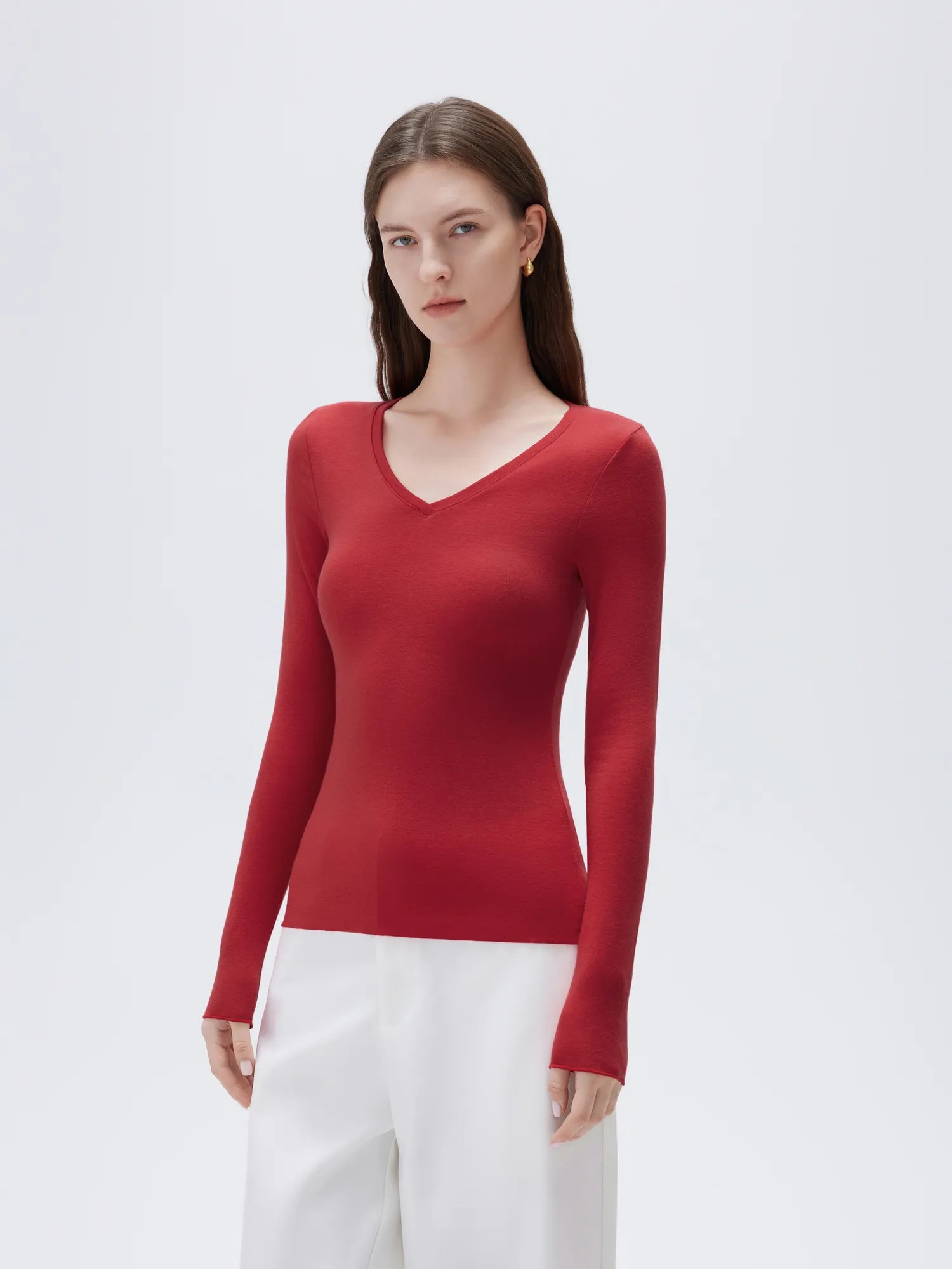 SUUKSESS Cloud Cashmere Women V Neck Fitted Long Sleeve Shirt Basic Soft Knit Tops-SUUKSESS-SUUKSESS