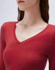 SUUKSESS Cloud Cashmere Women V Neck Fitted Long Sleeve Shirt Basic Soft Knit Tops-SUUKSESS-SUUKSESS