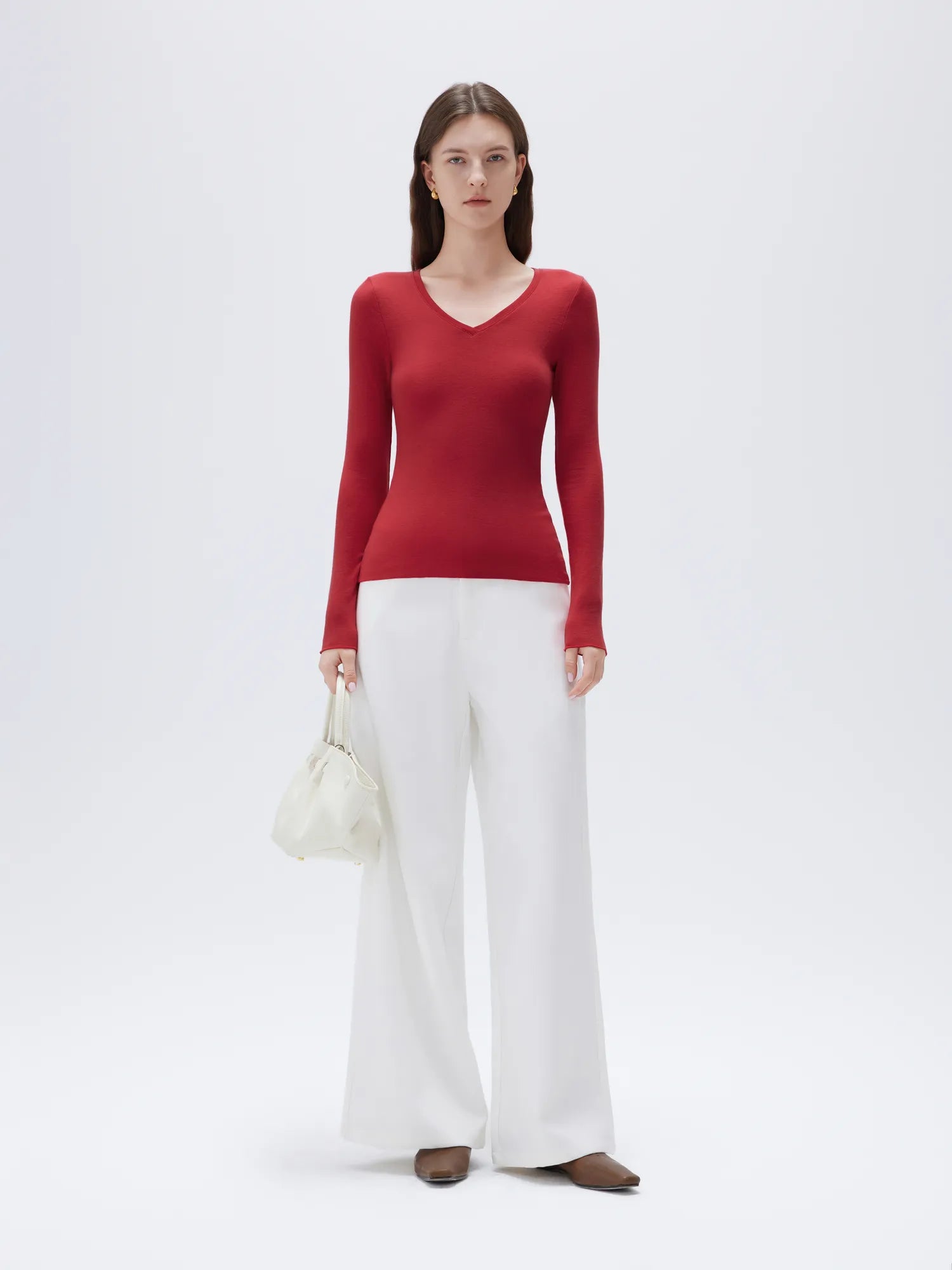 SUUKSESS Cloud Cashmere Women V Neck Fitted Long Sleeve Shirt Basic Soft Knit Tops-SUUKSESS-SUUKSESS