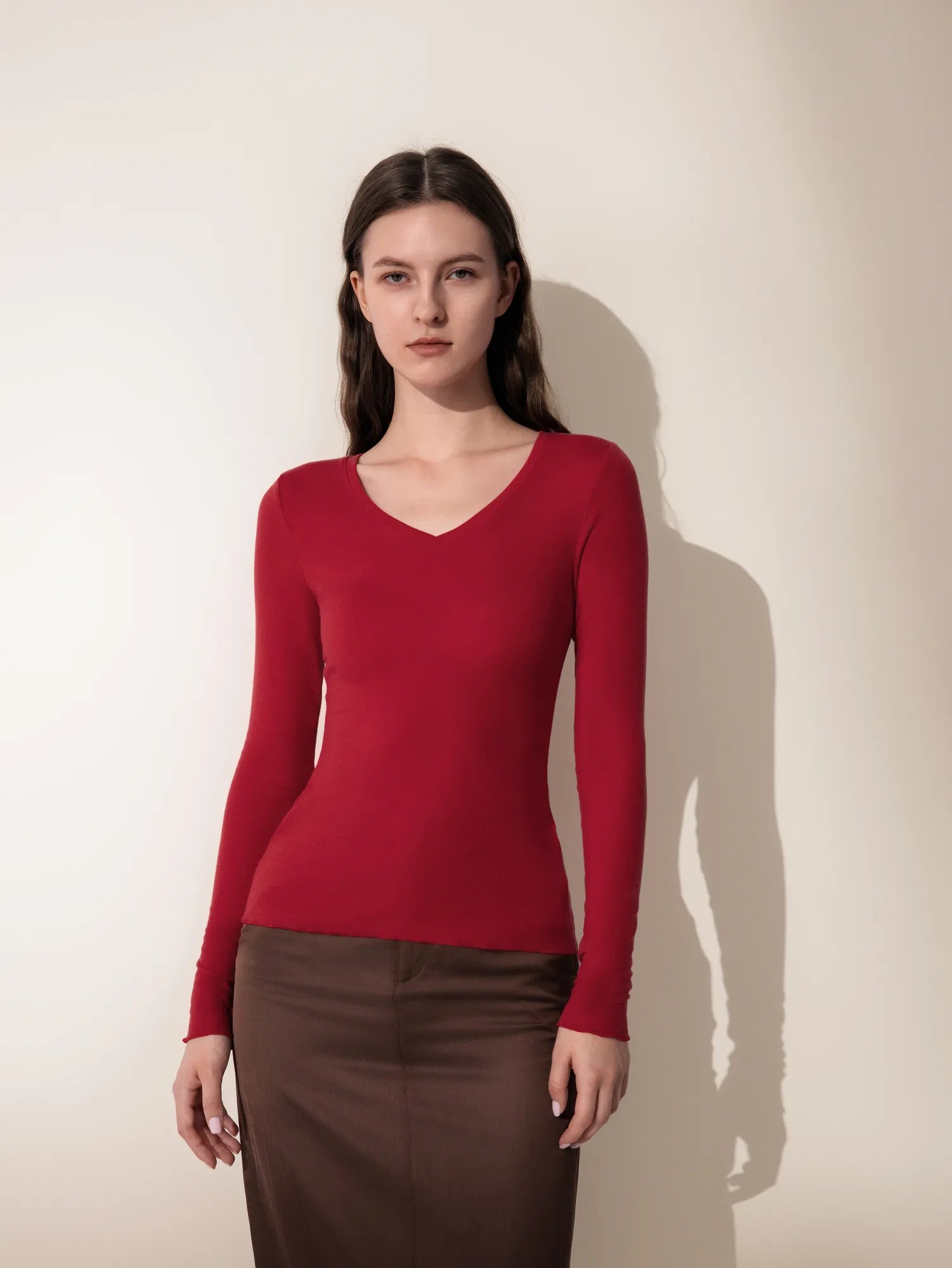 SUUKSESS Cloud Cashmere Women V Neck Fitted Long Sleeve Shirt Basic Soft Knit Tops-SUUKSESS-SUUKSESS
