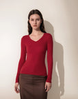 SUUKSESS Cloud Cashmere Women V Neck Fitted Long Sleeve Shirt Basic Soft Knit Tops-SUUKSESS-SUUKSESS