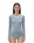 SUUKSESS Cloud Cashmere Women V Neck Fitted Long Sleeve Shirt Basic Soft Knit Tops-SUUKSESS-Slate gray-XS-SUUKSESS
