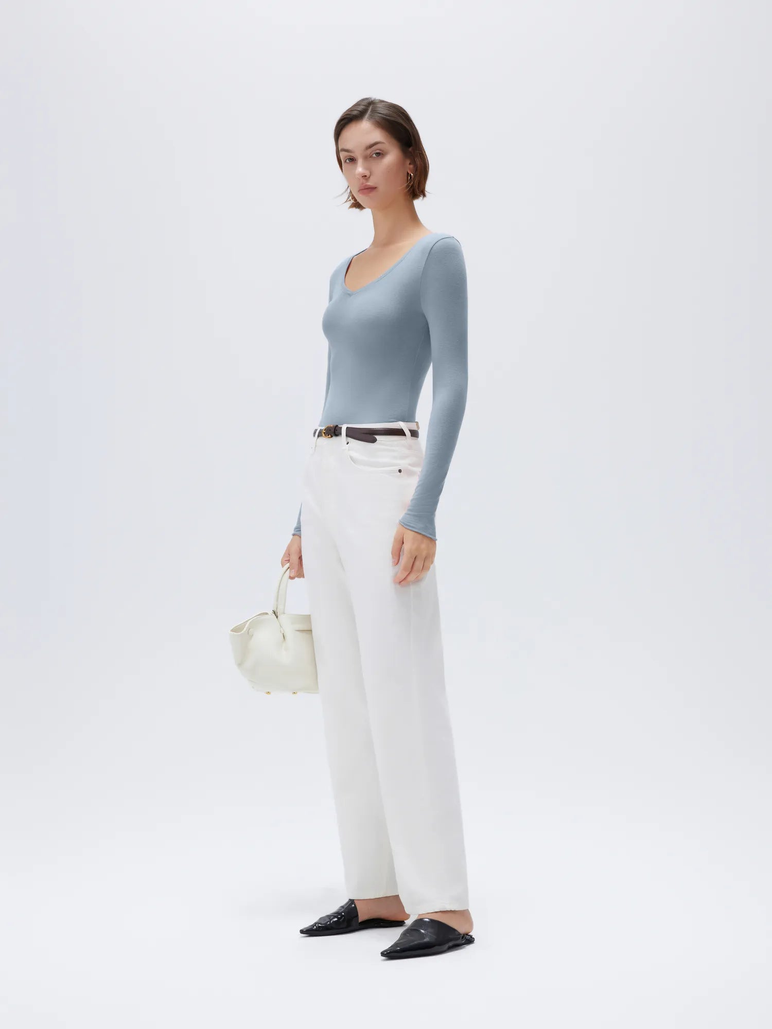 SUUKSESS Cloud Cashmere Women V Neck Fitted Long Sleeve Shirt Basic Soft Knit Tops-SUUKSESS-SUUKSESS