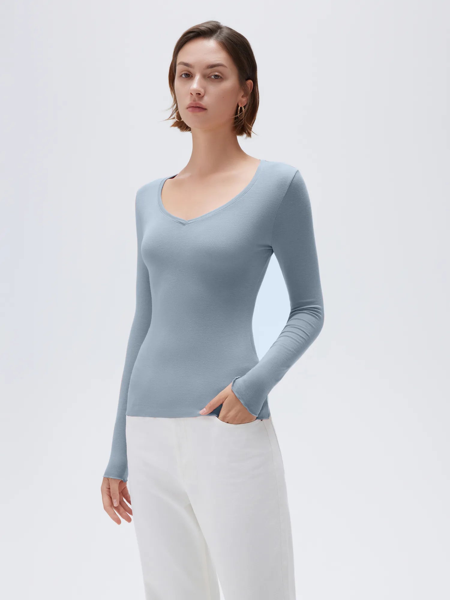 SUUKSESS Cloud Cashmere Women V Neck Fitted Long Sleeve Shirt Basic Soft Knit Tops-SUUKSESS-SUUKSESS