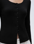 SUUKSESS Women Cotton Ribbed Long Sleeve Tops Button Down Crew Neck Lace Line Going Out Fitted Shirts-SUUKSESS-SUUKSESS