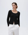 SUUKSESS Women Cotton Ribbed Long Sleeve Tops Button Down Crew Neck Lace Line Going Out Fitted Shirts-SUUKSESS-SUUKSESS