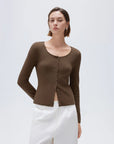 SUUKSESS Women Cotton Ribbed Long Sleeve Tops Button Down Crew Neck Lace Line Going Out Fitted Shirts-SUUKSESS-Coffee-XS-SUUKSESS