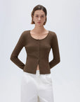 SUUKSESS Women Cotton Ribbed Long Sleeve Tops Button Down Crew Neck Lace Line Going Out Fitted Shirts-SUUKSESS-SUUKSESS