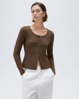 SUUKSESS Women Cotton Ribbed Long Sleeve Tops Button Down Crew Neck Lace Line Going Out Fitted Shirts-SUUKSESS-SUUKSESS