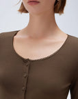 SUUKSESS Women Cotton Ribbed Long Sleeve Tops Button Down Crew Neck Lace Line Going Out Fitted Shirts-SUUKSESS-SUUKSESS