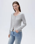 SUUKSESS Women Cotton Ribbed Long Sleeve Tops Button Down Crew Neck Lace Line Going Out Fitted Shirts-SUUKSESS-SUUKSESS