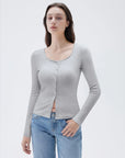 SUUKSESS Women Cotton Ribbed Long Sleeve Tops Button Down Crew Neck Lace Line Going Out Fitted Shirts-SUUKSESS-SUUKSESS