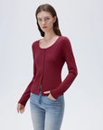 SUUKSESS Women Cotton Ribbed Long Sleeve Tops Button Down Crew Neck Lace Line Going Out Fitted Shirts-SUUKSESS-SUUKSESS