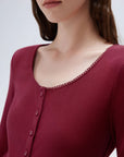 SUUKSESS Women Cotton Ribbed Long Sleeve Tops Button Down Crew Neck Lace Line Going Out Fitted Shirts-SUUKSESS-SUUKSESS