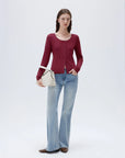 SUUKSESS Women Cotton Ribbed Long Sleeve Tops Button Down Crew Neck Lace Line Going Out Fitted Shirts-SUUKSESS-SUUKSESS