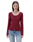 SUUKSESS Women Cotton Ribbed Long Sleeve Tops Button Down Crew Neck Lace Line Going Out Fitted Shirts-SUUKSESS-SUUKSESS