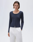 SUUKSESS Women Cotton Ribbed Long Sleeve Tops Button Down Crew Neck Lace Line Going Out Fitted Shirts-SUUKSESS-Navy-XS-SUUKSESS