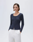 SUUKSESS Women Cotton Ribbed Long Sleeve Tops Button Down Crew Neck Lace Line Going Out Fitted Shirts-SUUKSESS-SUUKSESS