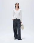SUUKSESS Women Cotton Ribbed Long Sleeve Tops Button Down Crew Neck Lace Line Going Out Fitted Shirts-SUUKSESS-SUUKSESS