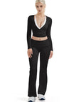 SUUKSESS Women Pilates Wrap Workout Cropped Top Ribbed Long Sleeve V Neck Tie Front Ballet Yoga Shrug Blouse-SUUKSESS-Black-XS-SUUKSESS