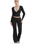 SUUKSESS Women Pilates Wrap Workout Cropped Top Ribbed Long Sleeve V Neck Tie Front Ballet Yoga Shrug Blouse-SUUKSESS-SUUKSESS