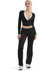 SUUKSESS Women Pilates Wrap Workout Cropped Top Ribbed Long Sleeve V Neck Tie Front Ballet Yoga Shrug Blouse-SUUKSESS-SUUKSESS