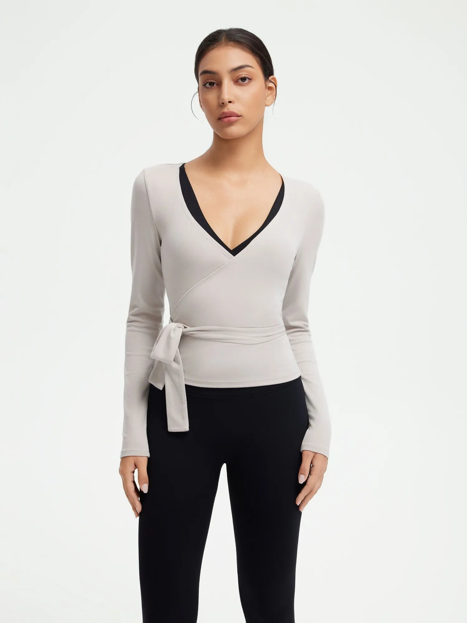 SUUKSESS Women Pilates Wrap Workout Cropped Top Ribbed Long Sleeve V Neck Tie Front Ballet Yoga Shrug Blouse-SUUKSESS-Gray-XS-SUUKSESS